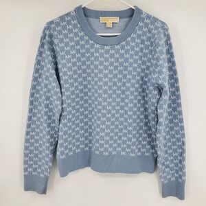 Michael Kors Women's Blue MK Signature Logo Jacquard Crewneck Sweater XL